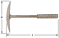 Horizontal image of a one-piece, solid bronze metal hand pick with a spiral handle for grip.  The pick has a pointed tip on each end of the pick head.  Horizontal (l) and vertical (a) dimensions are shown for size reference.